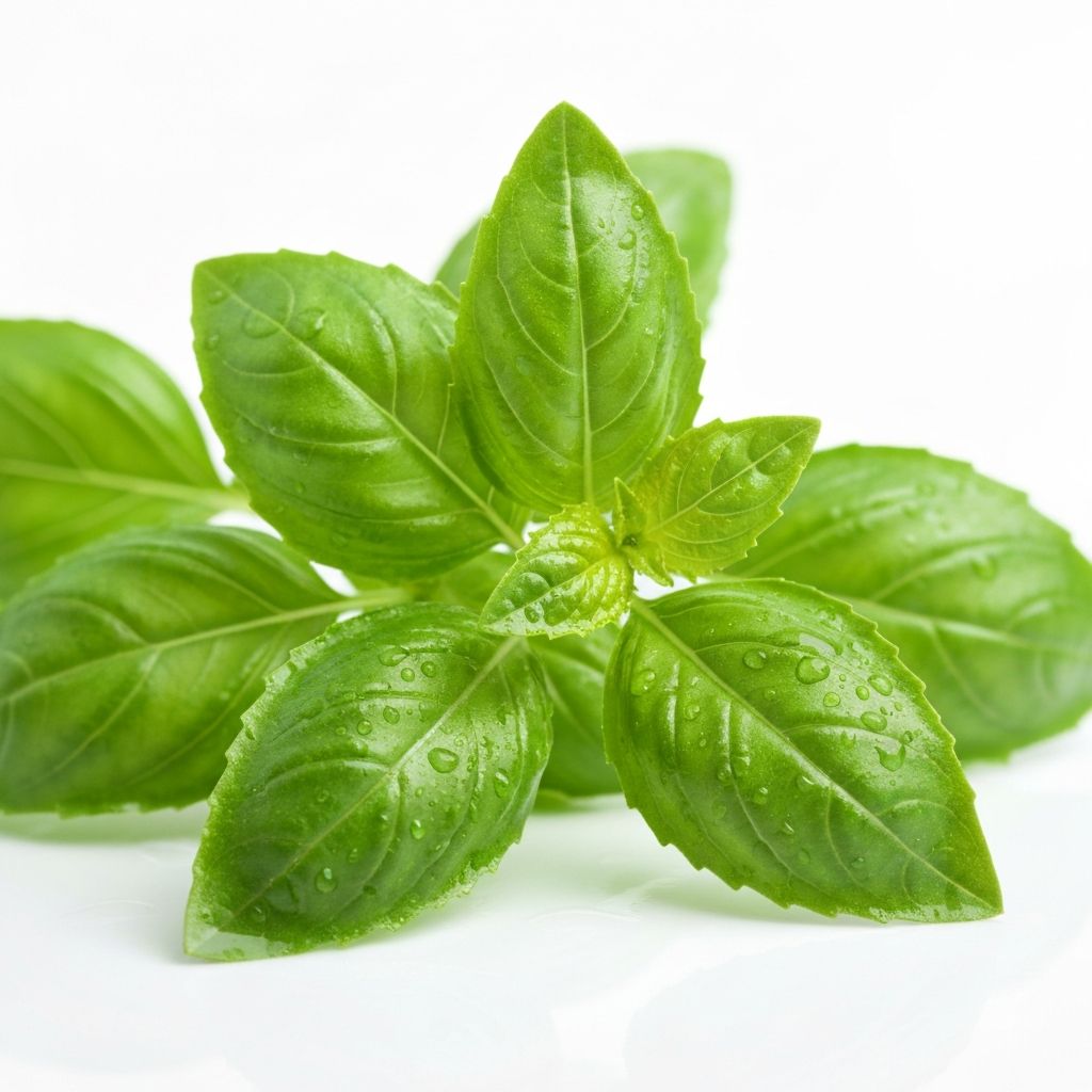 Fresh vibrant green basil leaves with water droplets